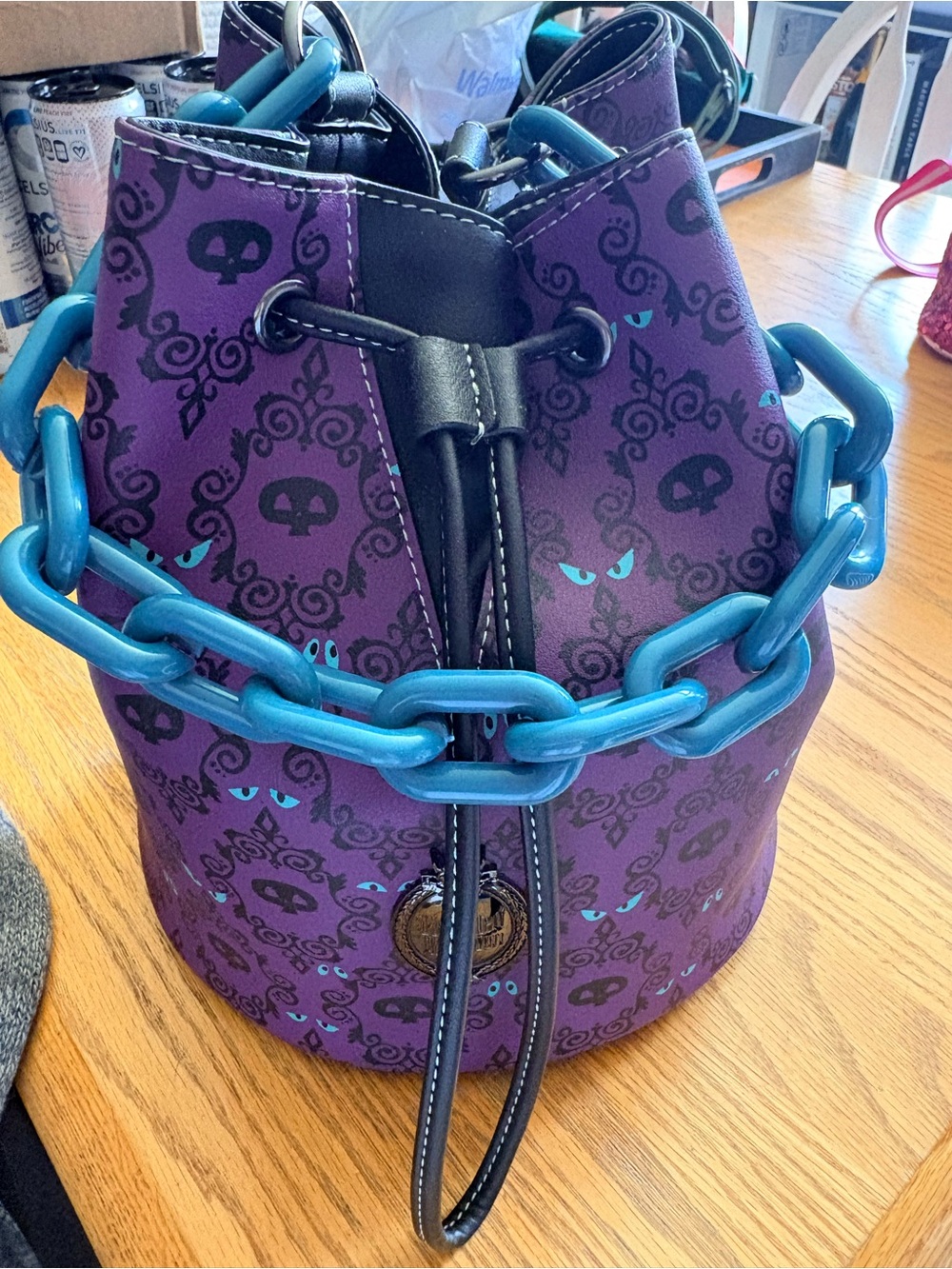 Disney Loungefly Haunted Mansion Purple Drawstring Bucket Bag with Blue Chain